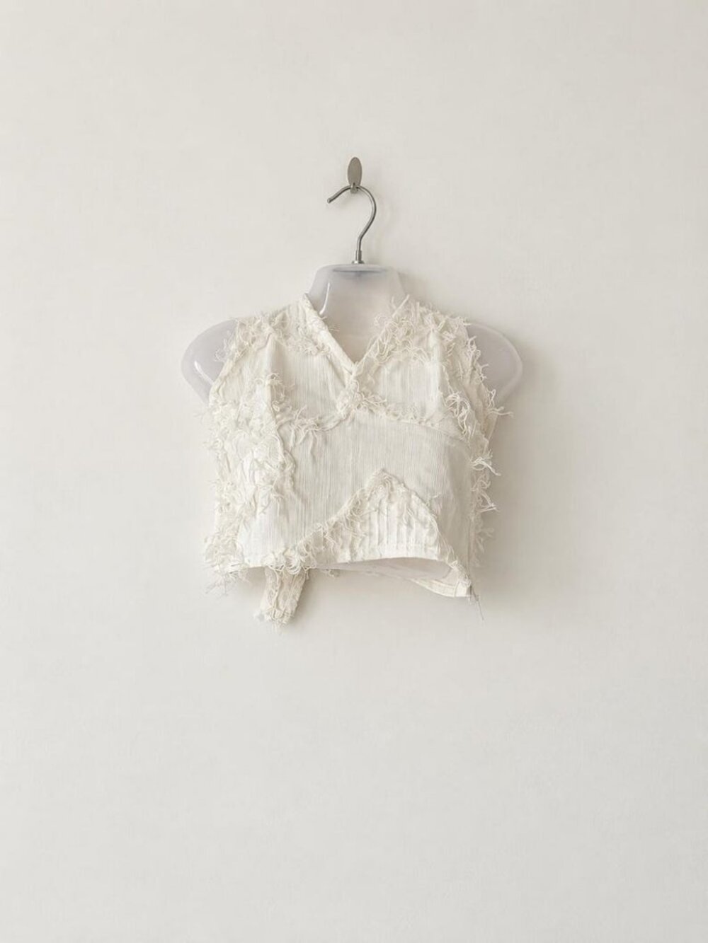 Thearah White Fringe Crop Top, Organic Cotton Sleeveless V Neck, Small - Picture 4 of 7